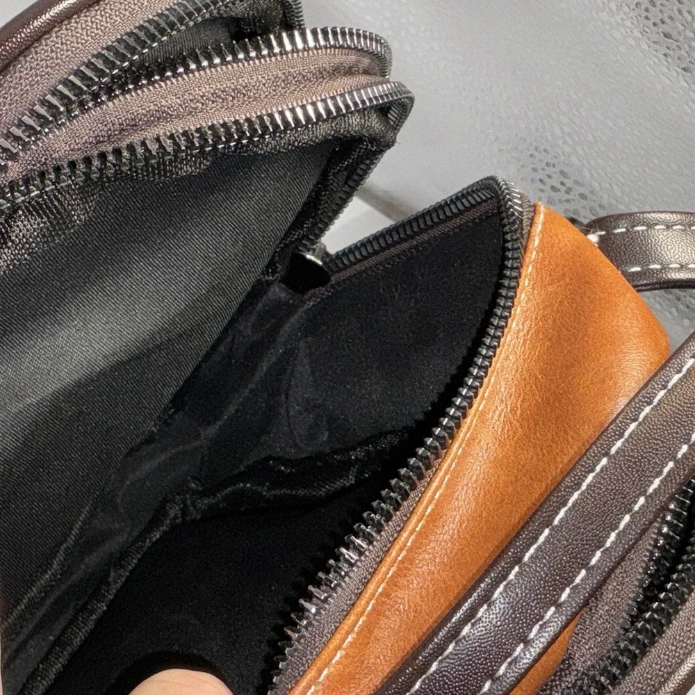 Bee Crossbody 3 Zip Organizer Brown Faux Leather Bag Purse